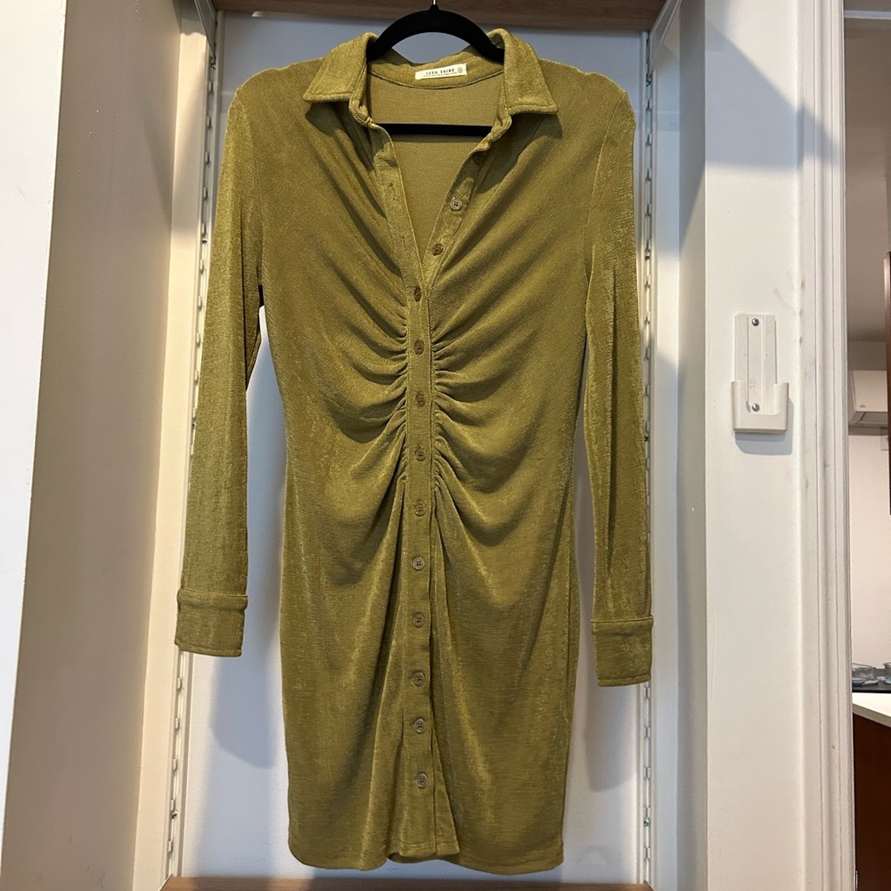 12th Tribe Green Button Down Mini Shirt Dress